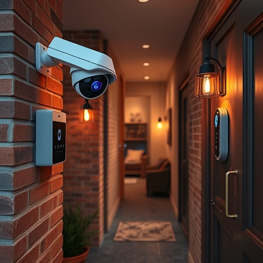 ai security camera scanning for movement,wireless doorbell with camera on brick home,emergency alert system inside hallway,home monitoring control room with multiple screens,compact wireless doorbell at urban entry