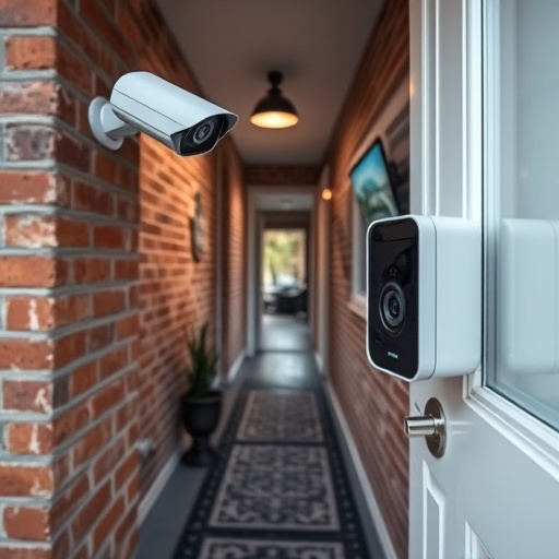 ai security camera scanning for movement,wireless doorbell with camera on brick home,emergency alert system inside hallway,home monitoring control room with multiple screens,compact wireless doorbell at urban entry