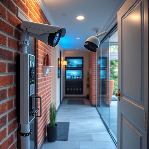 ai security camera scanning for movement,wireless doorbell with camera on brick home,emergency alert system inside hallway,home monitoring control room with multiple screens,compact wireless doorbell at urban entry