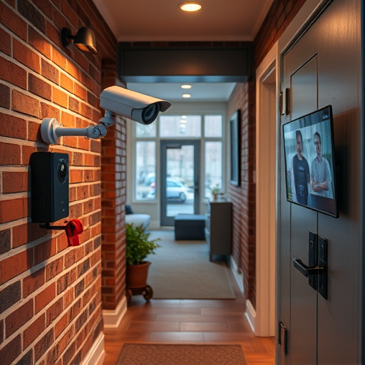 ai security camera scanning for movement,wireless doorbell with camera on brick home,emergency alert system inside hallway,home monitoring control room with multiple screens,compact wireless doorbell at urban entry