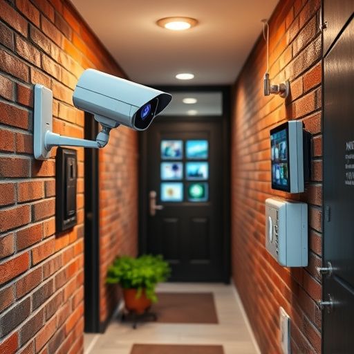 ai security camera scanning for movement,wireless doorbell with camera on brick home,emergency alert system inside hallway,home monitoring control room with multiple screens,compact wireless doorbell at urban entry