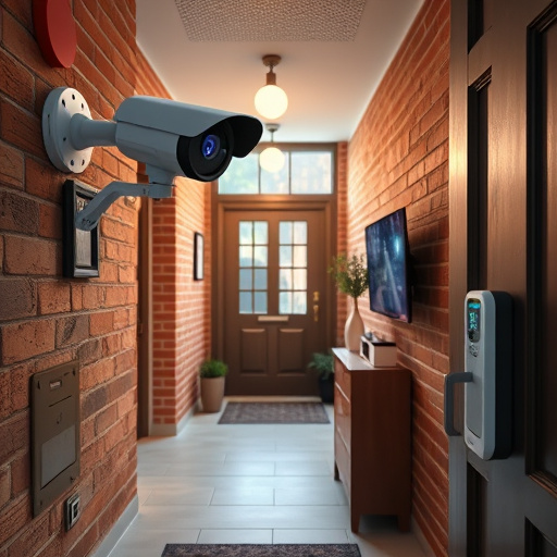 ai security camera scanning for movement,wireless doorbell with camera on brick home,emergency alert system inside hallway,home monitoring control room with multiple screens,compact wireless doorbell at urban entry