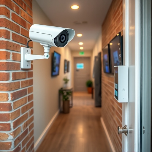 ai security camera scanning for movement,wireless doorbell with camera on brick home,emergency alert system inside hallway,home monitoring control room with multiple screens,compact wireless doorbell at urban entry