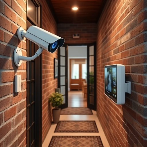 ai security camera scanning for movement,wireless doorbell with camera on brick home,emergency alert system inside hallway,home monitoring control room with multiple screens,compact wireless doorbell at urban entry