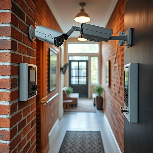 ai security camera scanning for movement,wireless doorbell with camera on brick home,emergency alert system inside hallway,home monitoring control room with multiple screens,compact wireless doorbell at urban entry