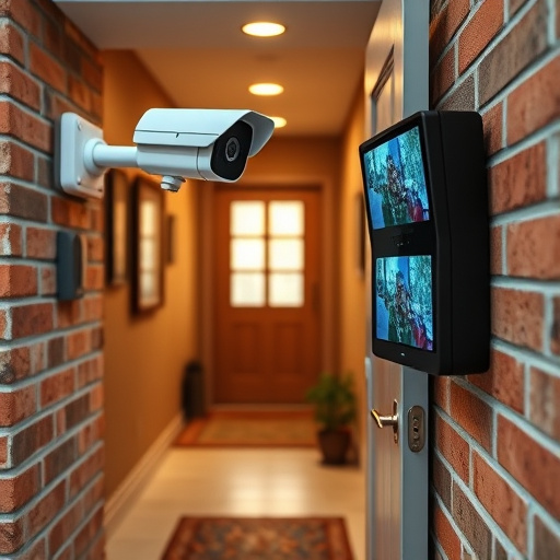 ai security camera scanning for movement,wireless doorbell with camera on brick home,emergency alert system inside hallway,home monitoring control room with multiple screens,compact wireless doorbell at urban entry