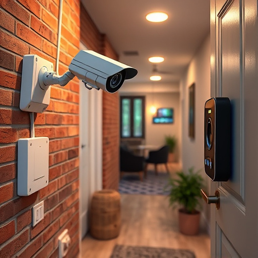 ai security camera scanning for movement,wireless doorbell with camera on brick home,emergency alert system inside hallway,home monitoring control room with multiple screens,compact wireless doorbell at urban entry