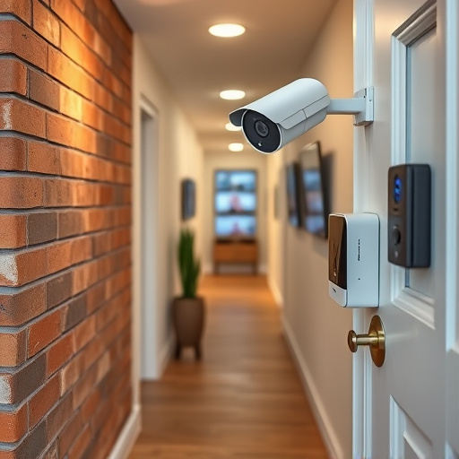 ai security camera scanning for movement,wireless doorbell with camera on brick home,emergency alert system inside hallway,home monitoring control room with multiple screens,compact wireless doorbell at urban entry