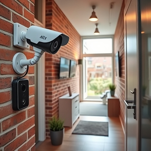 ai security camera scanning for movement,wireless doorbell with camera on brick home,emergency alert system inside hallway,home monitoring control room with multiple screens,compact wireless doorbell at urban entry