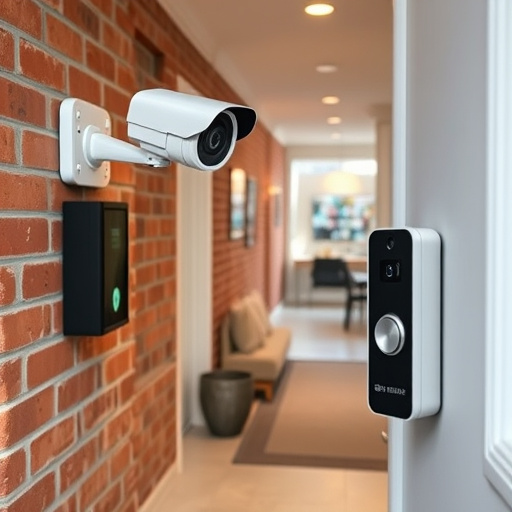 ai security camera scanning for movement,wireless doorbell with camera on brick home,emergency alert system inside hallway,home monitoring control room with multiple screens,compact wireless doorbell at urban entry