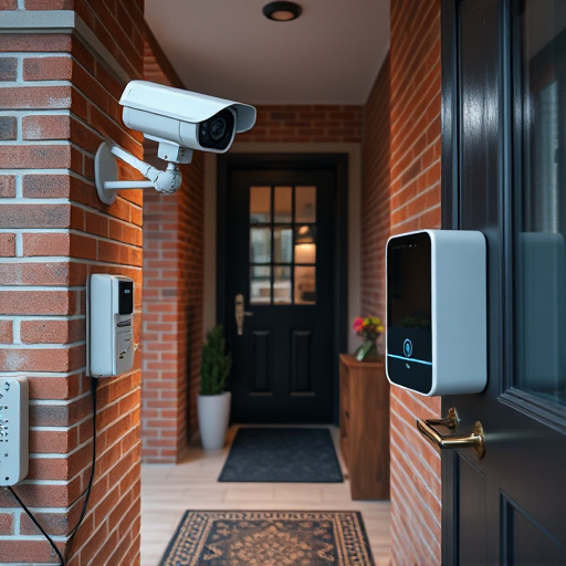 ai security camera scanning for movement,wireless doorbell with camera on brick home,emergency alert system inside hallway,home monitoring control room with multiple screens,compact wireless doorbell at urban entry