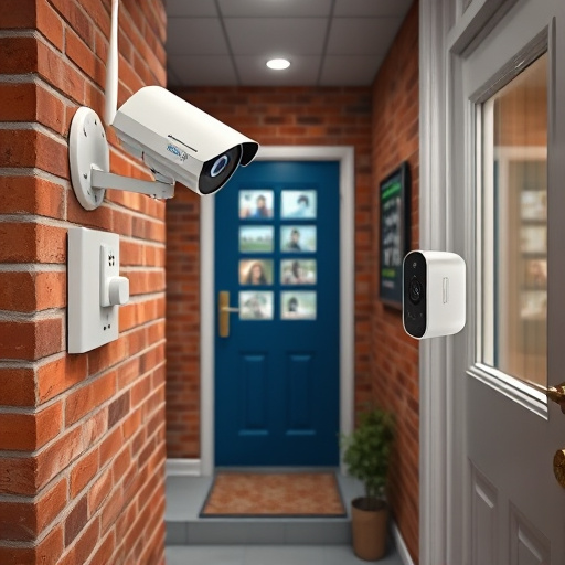 ai security camera scanning for movement,wireless doorbell with camera on brick home,emergency alert system inside hallway,home monitoring control room with multiple screens,compact wireless doorbell at urban entry