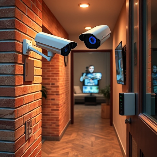 ai security camera scanning for movement,wireless doorbell with camera on brick home,emergency alert system inside hallway,home monitoring control room with multiple screens,compact wireless doorbell at urban entry