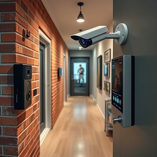 ai security camera scanning for movement,wireless doorbell with camera on brick home,emergency alert system inside hallway,home monitoring control room with multiple screens,compact wireless doorbell at urban entry