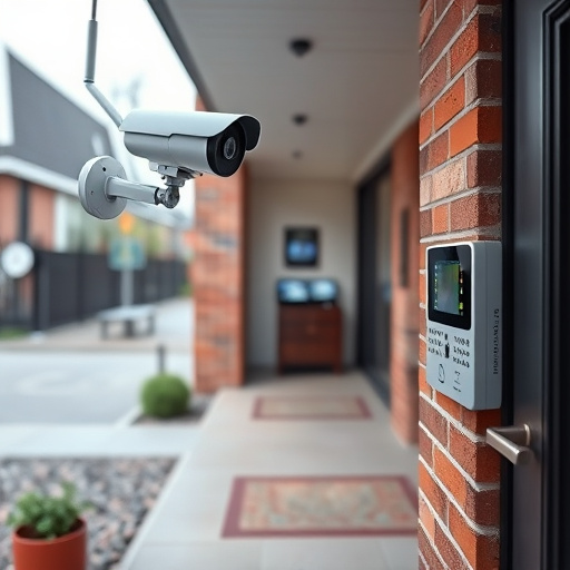 ai security camera scanning for movement,wireless doorbell with camera on brick home,emergency alert system inside hallway,home monitoring control room with multiple screens,compact wireless doorbell at urban entry