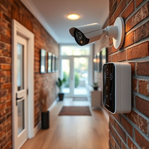 ai security camera scanning for movement,wireless doorbell with camera on brick home,emergency alert system inside hallway,home monitoring control room with multiple screens,compact wireless doorbell at urban entry