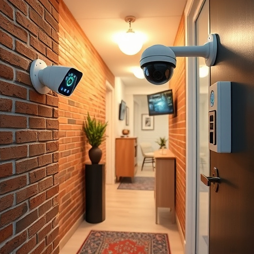 ai security camera scanning for movement,wireless doorbell with camera on brick home,emergency alert system inside hallway,home monitoring control room with multiple screens,compact wireless doorbell at urban entry
