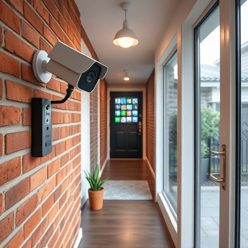 ai security camera scanning for movement,wireless doorbell with camera on brick home,emergency alert system inside hallway,home monitoring control room with multiple screens,compact wireless doorbell at urban entry