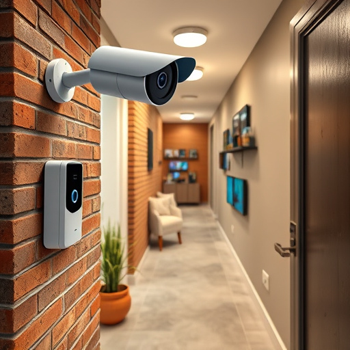 ai security camera scanning for movement,wireless doorbell with camera on brick home,emergency alert system inside hallway,home monitoring control room with multiple screens,compact wireless doorbell at urban entry