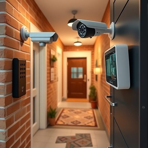 ai security camera scanning for movement,wireless doorbell with camera on brick home,emergency alert system inside hallway,home monitoring control room with multiple screens,compact wireless doorbell at urban entry