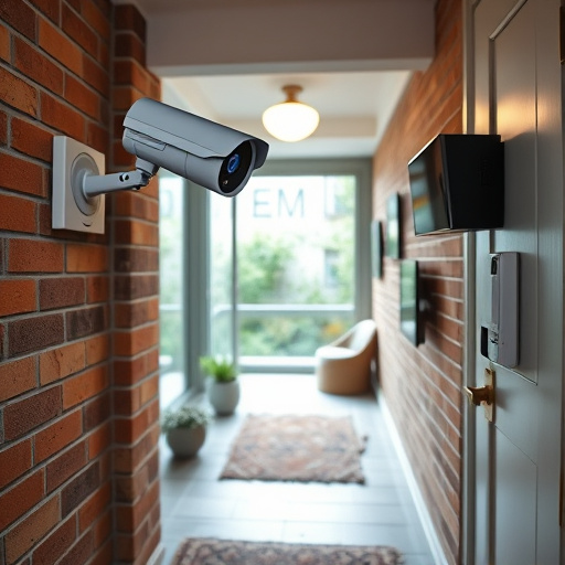 ai security camera scanning for movement,wireless doorbell with camera on brick home,emergency alert system inside hallway,home monitoring control room with multiple screens,compact wireless doorbell at urban entry