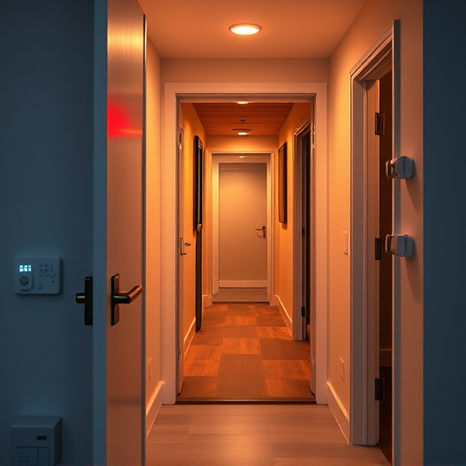 apartment entry secured with bolt lock,connected smart home with multiple sensors,emergency alert system inside hallway,flashing red home security alert light at night,ai security camera scanning for movement,night vision security camera watching driveway