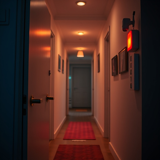 apartment entry secured with bolt lock,connected smart home with multiple sensors,emergency alert system inside hallway,flashing red home security alert light at night,ai security camera scanning for movement,night vision security camera watching driveway