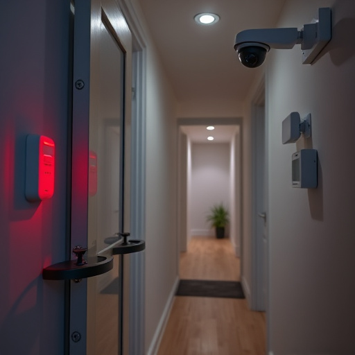 apartment entry secured with bolt lock,connected smart home with multiple sensors,emergency alert system inside hallway,flashing red home security alert light at night,ai security camera scanning for movement,night vision security camera watching driveway