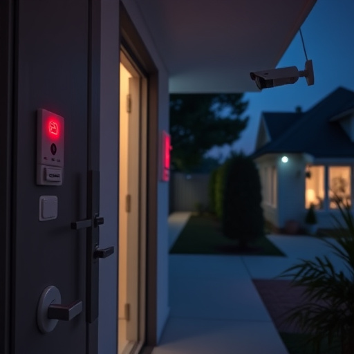 apartment entry secured with bolt lock,connected smart home with multiple sensors,emergency alert system inside hallway,flashing red home security alert light at night,ai security camera scanning for movement,night vision security camera watching driveway