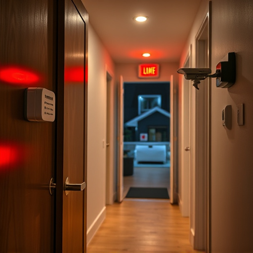 apartment entry secured with bolt lock,connected smart home with multiple sensors,emergency alert system inside hallway,flashing red home security alert light at night,ai security camera scanning for movement,night vision security camera watching driveway