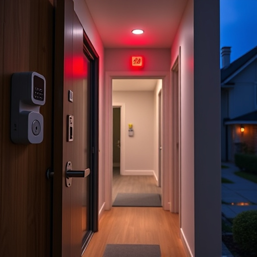 apartment entry secured with bolt lock,connected smart home with multiple sensors,emergency alert system inside hallway,flashing red home security alert light at night,ai security camera scanning for movement,night vision security camera watching driveway