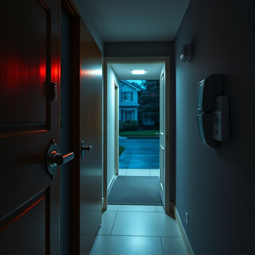 apartment entry secured with bolt lock,connected smart home with multiple sensors,emergency alert system inside hallway,flashing red home security alert light at night,ai security camera scanning for movement,night vision security camera watching driveway