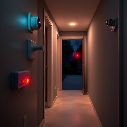 apartment entry secured with bolt lock,connected smart home with multiple sensors,emergency alert system inside hallway,flashing red home security alert light at night,ai security camera scanning for movement,night vision security camera watching driveway