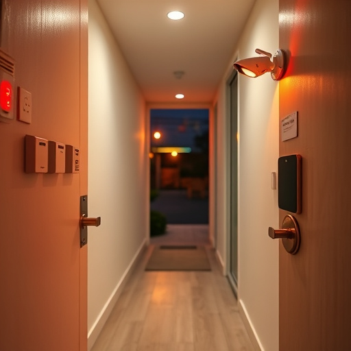 apartment entry secured with bolt lock,connected smart home with multiple sensors,emergency alert system inside hallway,flashing red home security alert light at night,ai security camera scanning for movement,night vision security camera watching driveway