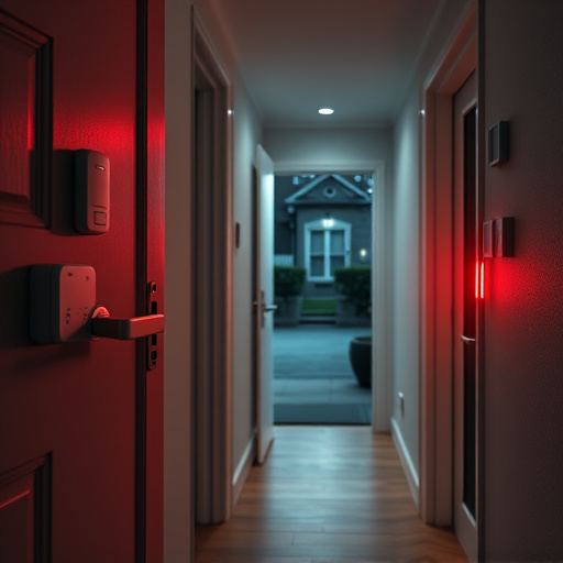 apartment entry secured with bolt lock,connected smart home with multiple sensors,emergency alert system inside hallway,flashing red home security alert light at night,ai security camera scanning for movement,night vision security camera watching driveway