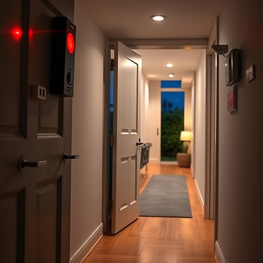 apartment entry secured with bolt lock,connected smart home with multiple sensors,emergency alert system inside hallway,flashing red home security alert light at night,ai security camera scanning for movement,night vision security camera watching driveway