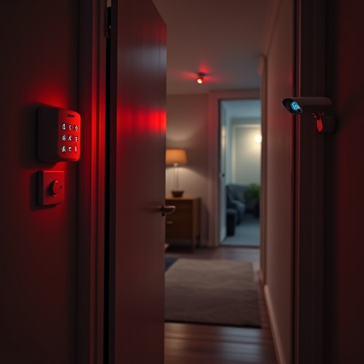 apartment entry secured with bolt lock,connected smart home with multiple sensors,emergency alert system inside hallway,flashing red home security alert light at night,ai security camera scanning for movement,night vision security camera watching driveway