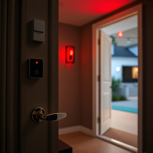 apartment entry secured with bolt lock,connected smart home with multiple sensors,emergency alert system inside hallway,flashing red home security alert light at night,ai security camera scanning for movement,night vision security camera watching driveway