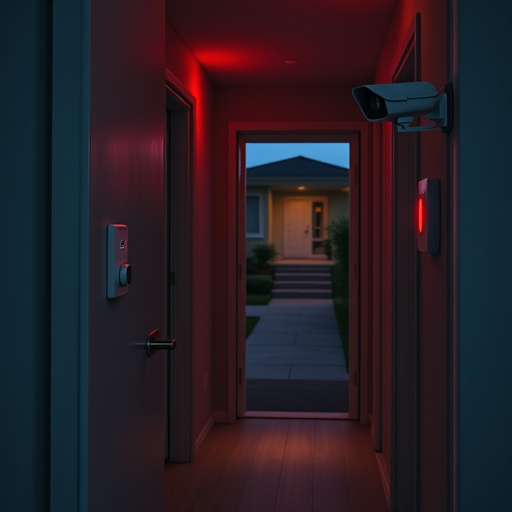 apartment entry secured with bolt lock,connected smart home with multiple sensors,emergency alert system inside hallway,flashing red home security alert light at night,ai security camera scanning for movement,night vision security camera watching driveway