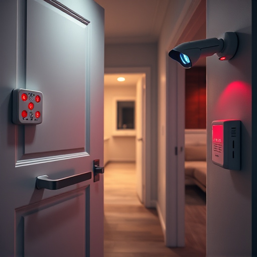 apartment entry secured with bolt lock,connected smart home with multiple sensors,emergency alert system inside hallway,flashing red home security alert light at night,ai security camera scanning for movement,night vision security camera watching driveway