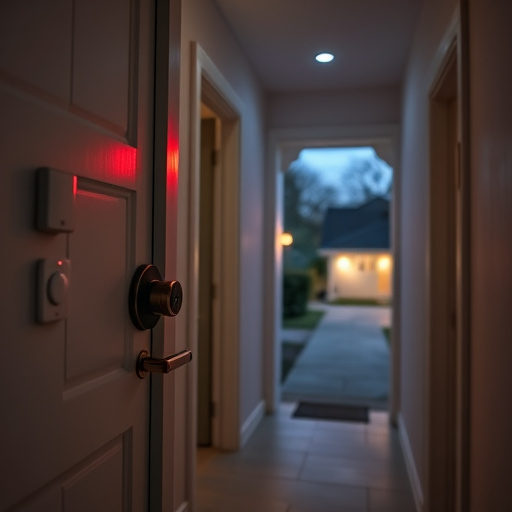 apartment entry secured with bolt lock,connected smart home with multiple sensors,emergency alert system inside hallway,flashing red home security alert light at night,ai security camera scanning for movement,night vision security camera watching driveway