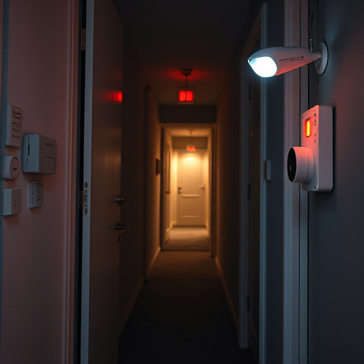 apartment entry secured with bolt lock,connected smart home with multiple sensors,emergency alert system inside hallway,flashing red home security alert light at night,ai security camera scanning for movement,night vision security camera watching driveway