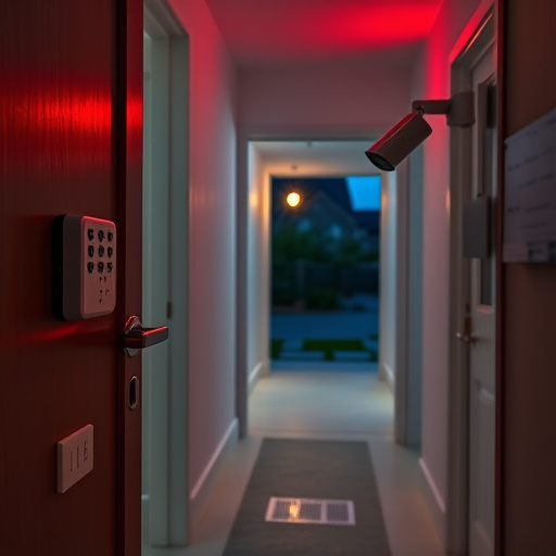 apartment entry secured with bolt lock,connected smart home with multiple sensors,emergency alert system inside hallway,flashing red home security alert light at night,ai security camera scanning for movement,night vision security camera watching driveway