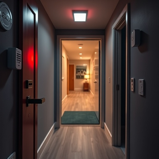 apartment entry secured with bolt lock,connected smart home with multiple sensors,emergency alert system inside hallway,flashing red home security alert light at night,ai security camera scanning for movement,night vision security camera watching driveway