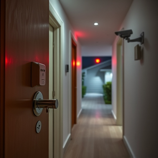 apartment entry secured with bolt lock,connected smart home with multiple sensors,emergency alert system inside hallway,flashing red home security alert light at night,ai security camera scanning for movement,night vision security camera watching driveway