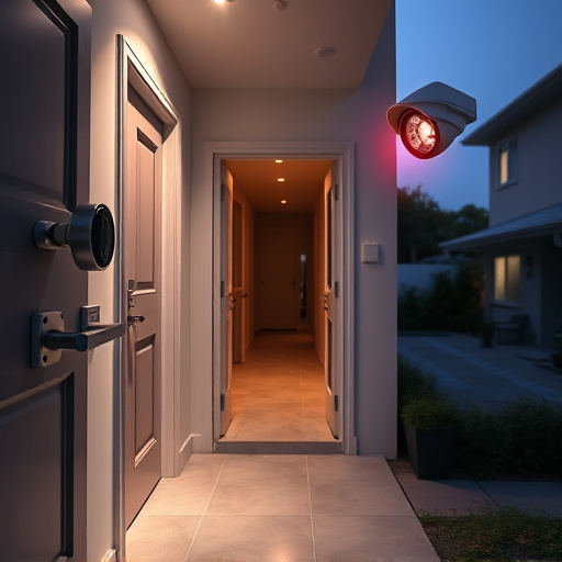 apartment entry secured with bolt lock,connected smart home with multiple sensors,emergency alert system inside hallway,flashing red home security alert light at night,ai security camera scanning for movement,night vision security camera watching driveway