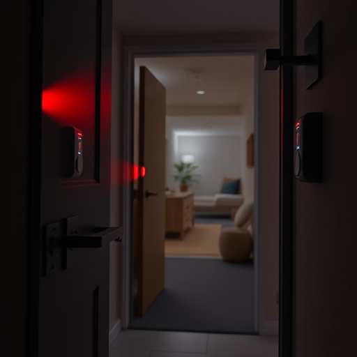 apartment entry secured with bolt lock,connected smart home with multiple sensors,emergency alert system inside hallway,flashing red home security alert light at night,ai security camera scanning for movement,night vision security camera watching driveway