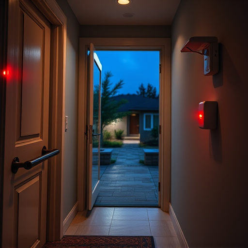 apartment entry secured with bolt lock,connected smart home with multiple sensors,emergency alert system inside hallway,flashing red home security alert light at night,ai security camera scanning for movement,night vision security camera watching driveway
