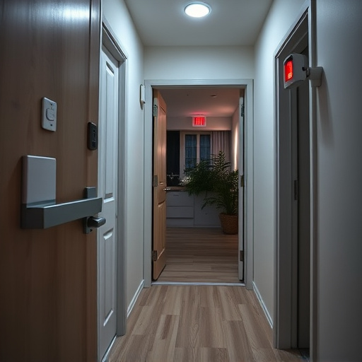 apartment entry secured with bolt lock,connected smart home with multiple sensors,emergency alert system inside hallway,flashing red home security alert light at night,ai security camera scanning for movement,night vision security camera watching driveway