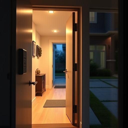 apartment entry secured with bolt lock,connected smart home with multiple sensors,emergency alert system inside hallway,flashing red home security alert light at night,ai security camera scanning for movement,night vision security camera watching driveway